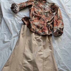 Zara Beige Cotton A-Line Skirt, S, & Coordinated Oritz Cooton Blouse, M